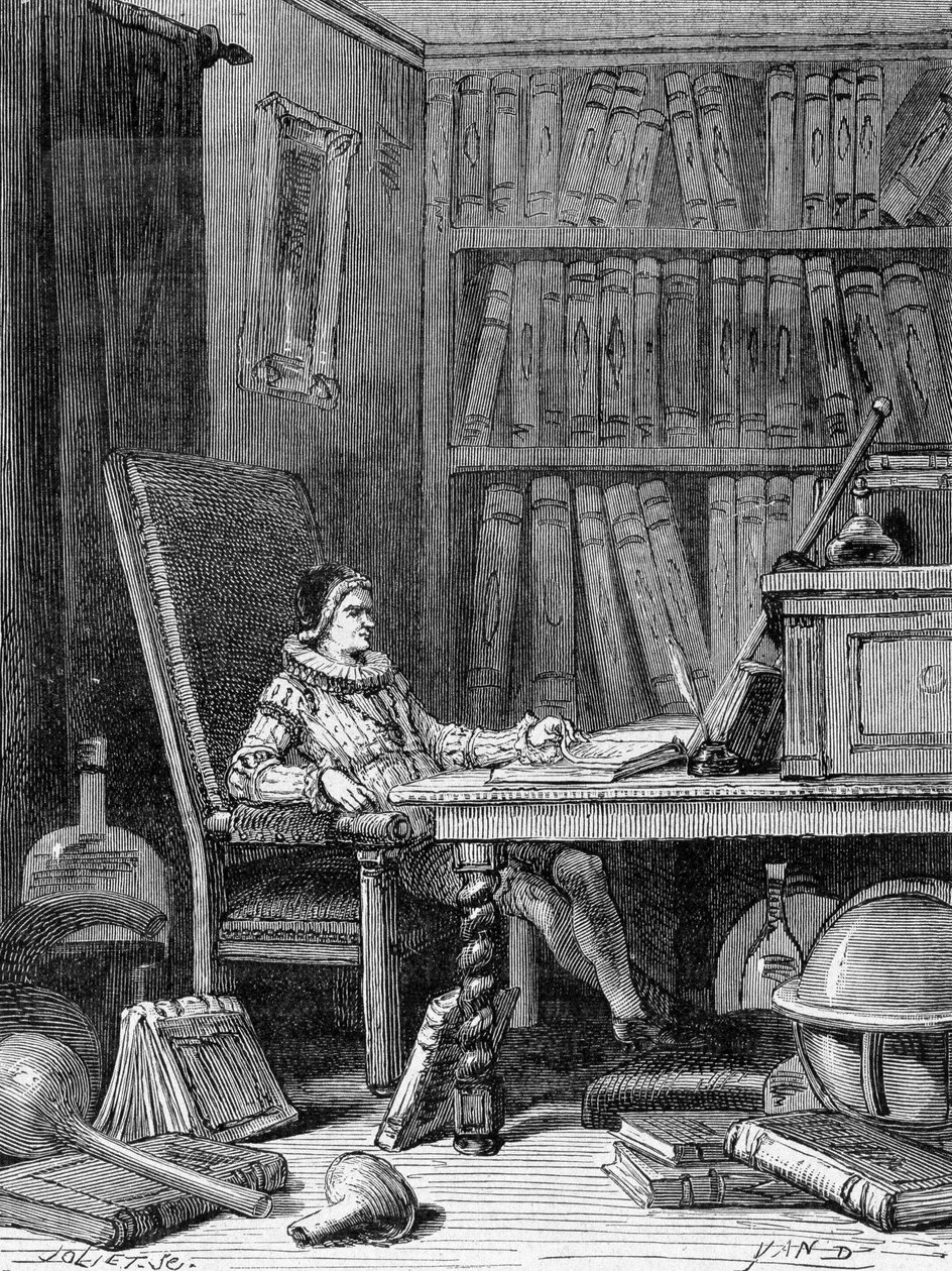 Guillaume Gilbert (1540 - 1603) skriver sin avhandling "De arte magnetica"" rundt 1600. Gravering 1800-tallet av Unknown artist
