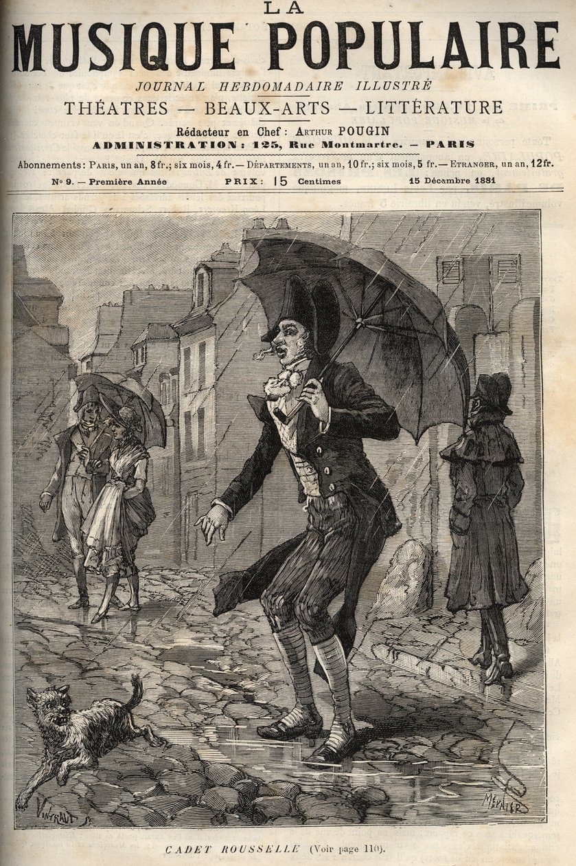 Guillaume Joseph Rousselle (Roussel), dit Cadet Rousselle (1743-1807), French bailiff, under the rain in a rue de Paris. engraving in “La musique populaire”” Illustrée weekly newspaper - 1881 av Unknown artist