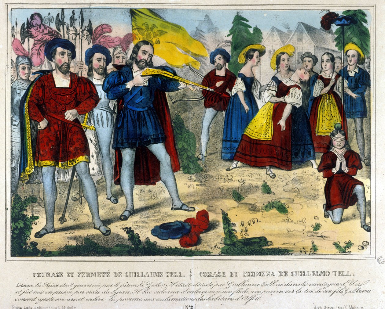 Guillaume Tell (William Tell) (legendarisk helt fra sveitsisk uavhengighet). Barbaren Gesler tvinger Guillaume Tell til å fjerne med en pil et eple plassert på barnets hode. 1800-talls gravering av Unknown artist