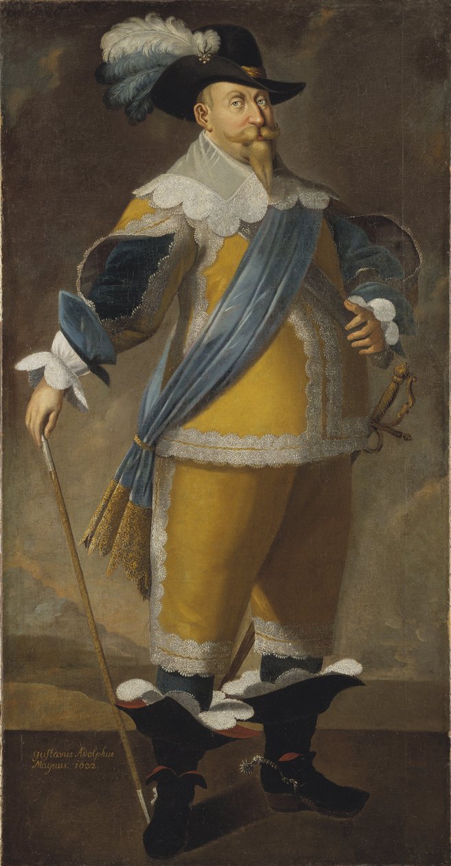 Gustave II Adolphe, dit le Grand ou le lion du Nord - Portrett av kong Gustav II Adolf av Sverige (1594-1632), Anonym . Olje på lerret. Mål: 204x103 cm. Nationalmuseum Stockholm av Unknown artist