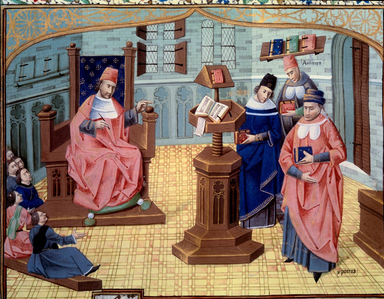 Fyr fra Chirugian Chauliac-lærer. Til høyre for ham, 6 lyttere og til venstre 3 karakterer som oppsummerer medisinens historie: Claude Galien (131-201), gresk doktor i antikken, Abu Ali al-Husayn ibn 