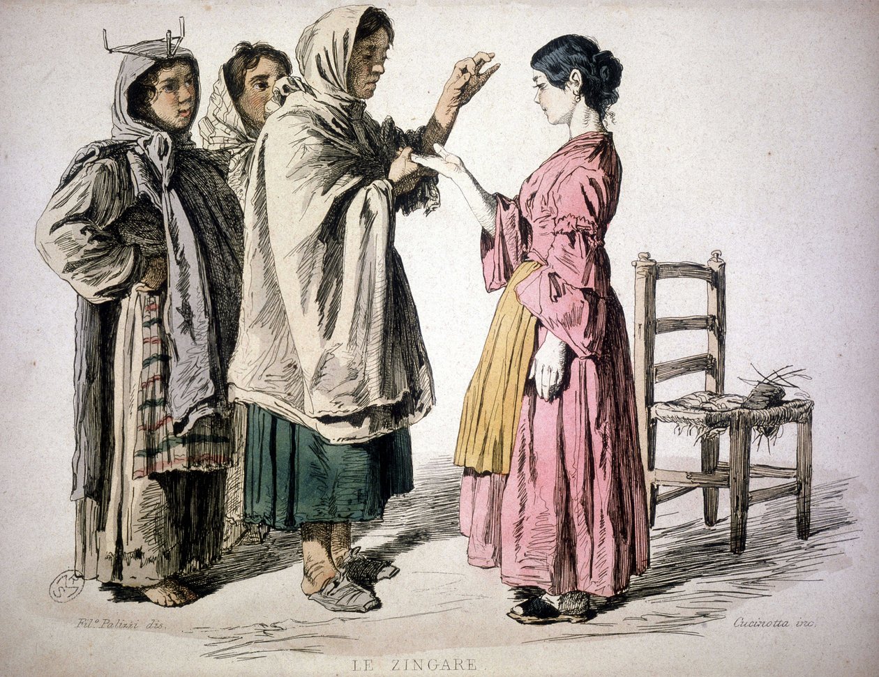 Sigøynerlesing i hånden - i "" Custom of the Kingdom of Napoli"", De Bourcard av Unknown artist