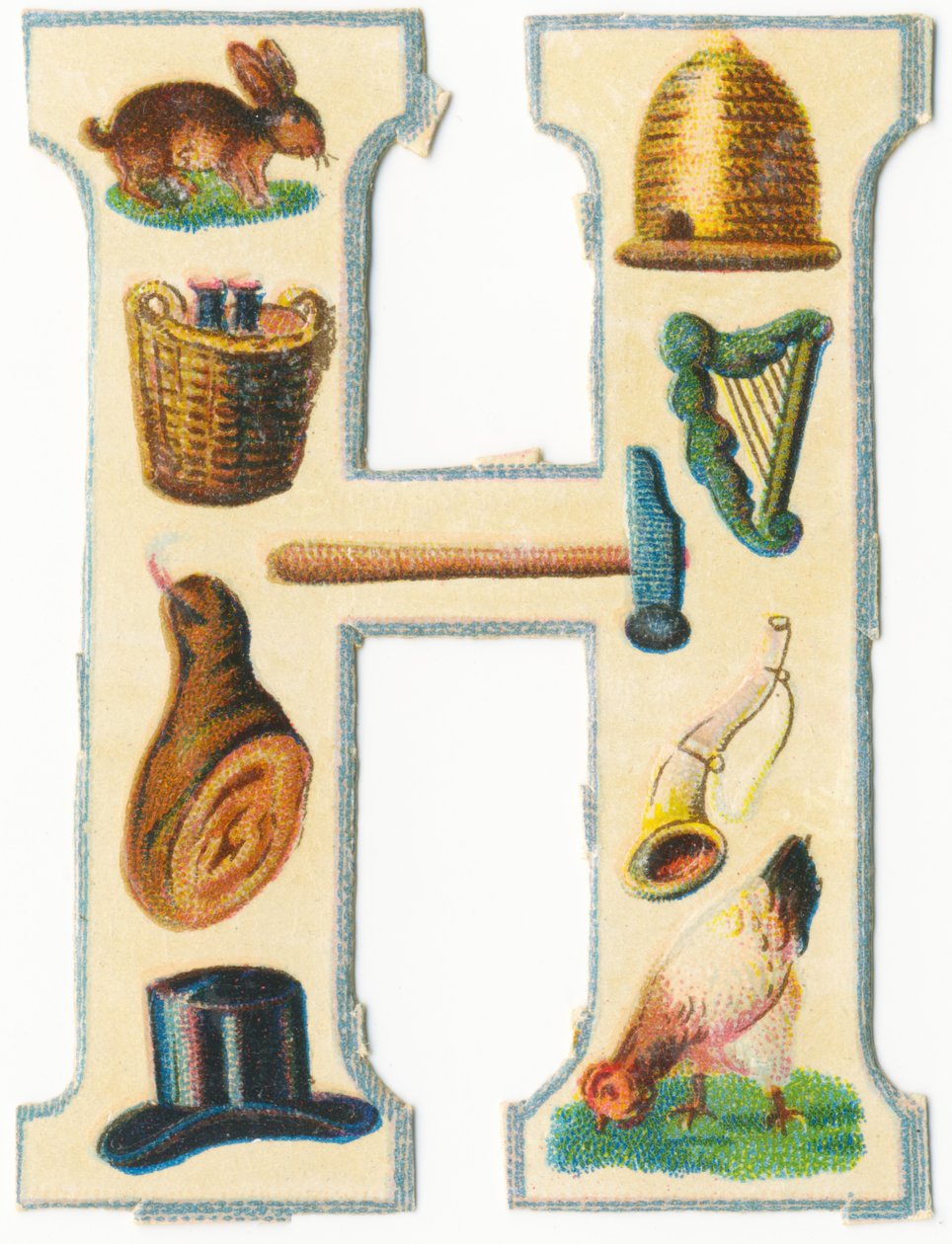 H: hare, bikube, høstekurv, harpe, hammer, skinke, horn, hatt, høne (farge litho) av Unknown artist