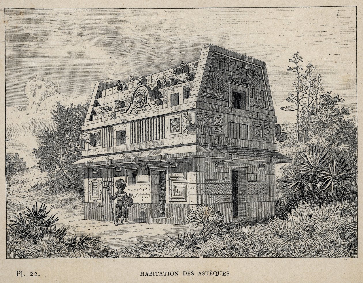 Habitation des Asteques (Azteques) (some av aztekerne) - gravering av 1889 i "History of human habitation at the Universal Exhibition of 1889, av Mr Charles GARNIER - Librairie centrale des beaux-arts Paris 1889 av Unknown artist