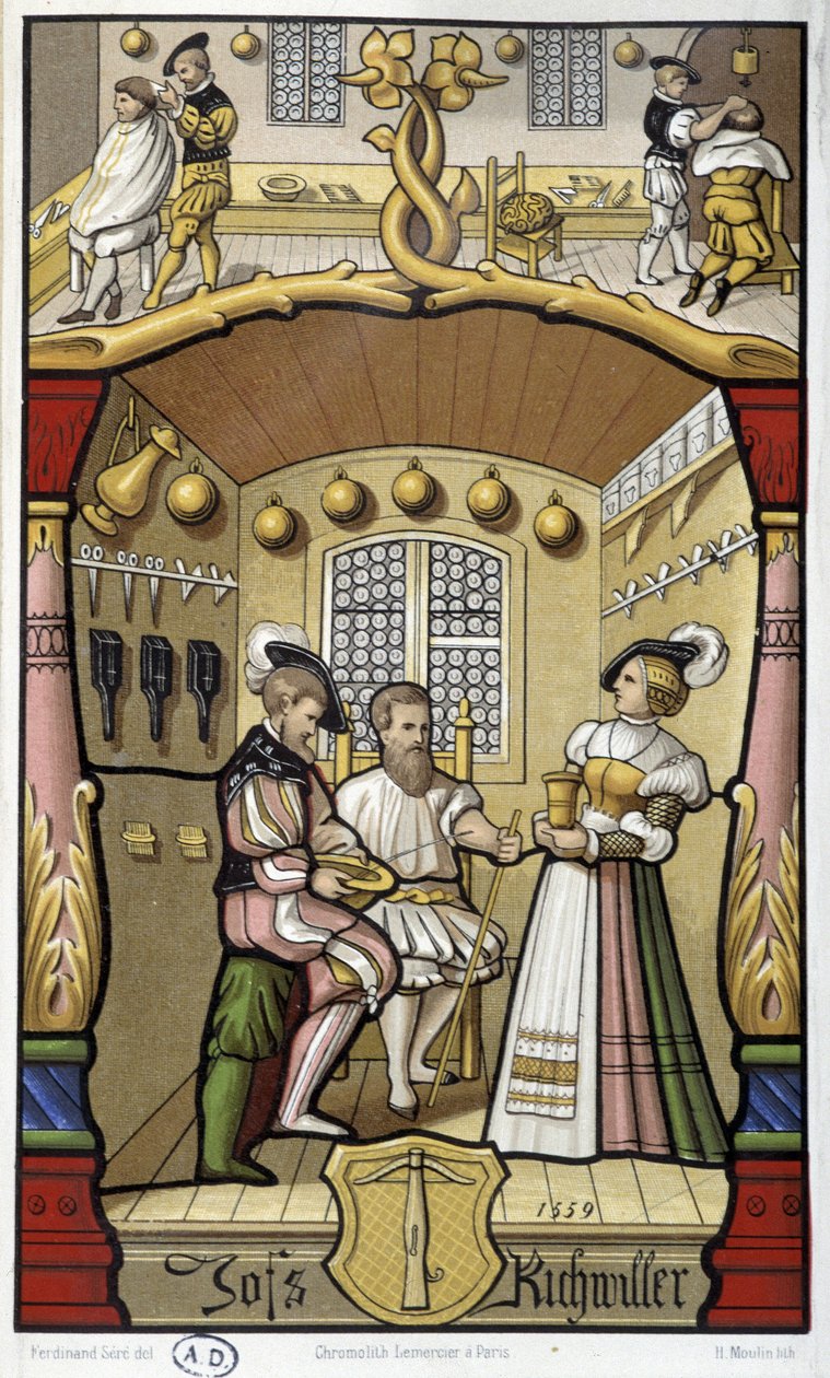 Frisør- og barberscener - faksimile av en miniatyr fra 1559 av Unknown artist