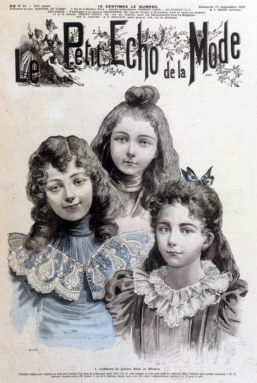Frisyrer for jenter og jenter - i "" Le petit echo de la mode"" av 19.09.1897 av Unknown artist