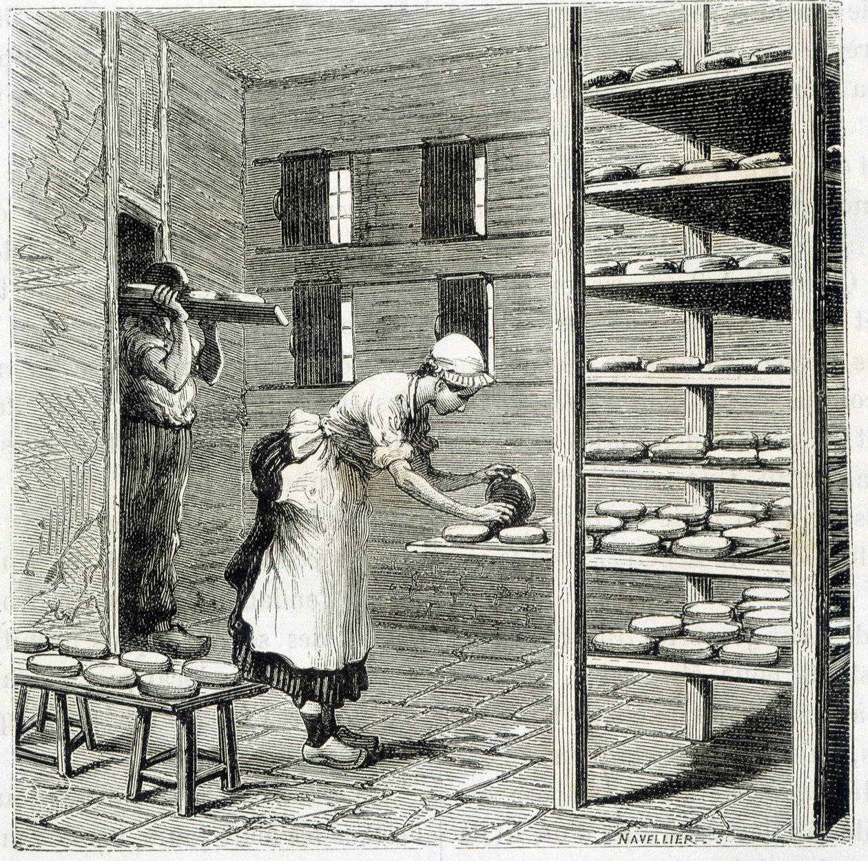 Haloir (eller tørketrommel) for fremstilling av camembertost - i "" The wonders of the industry"" av Louis Figuier av Unknown artist