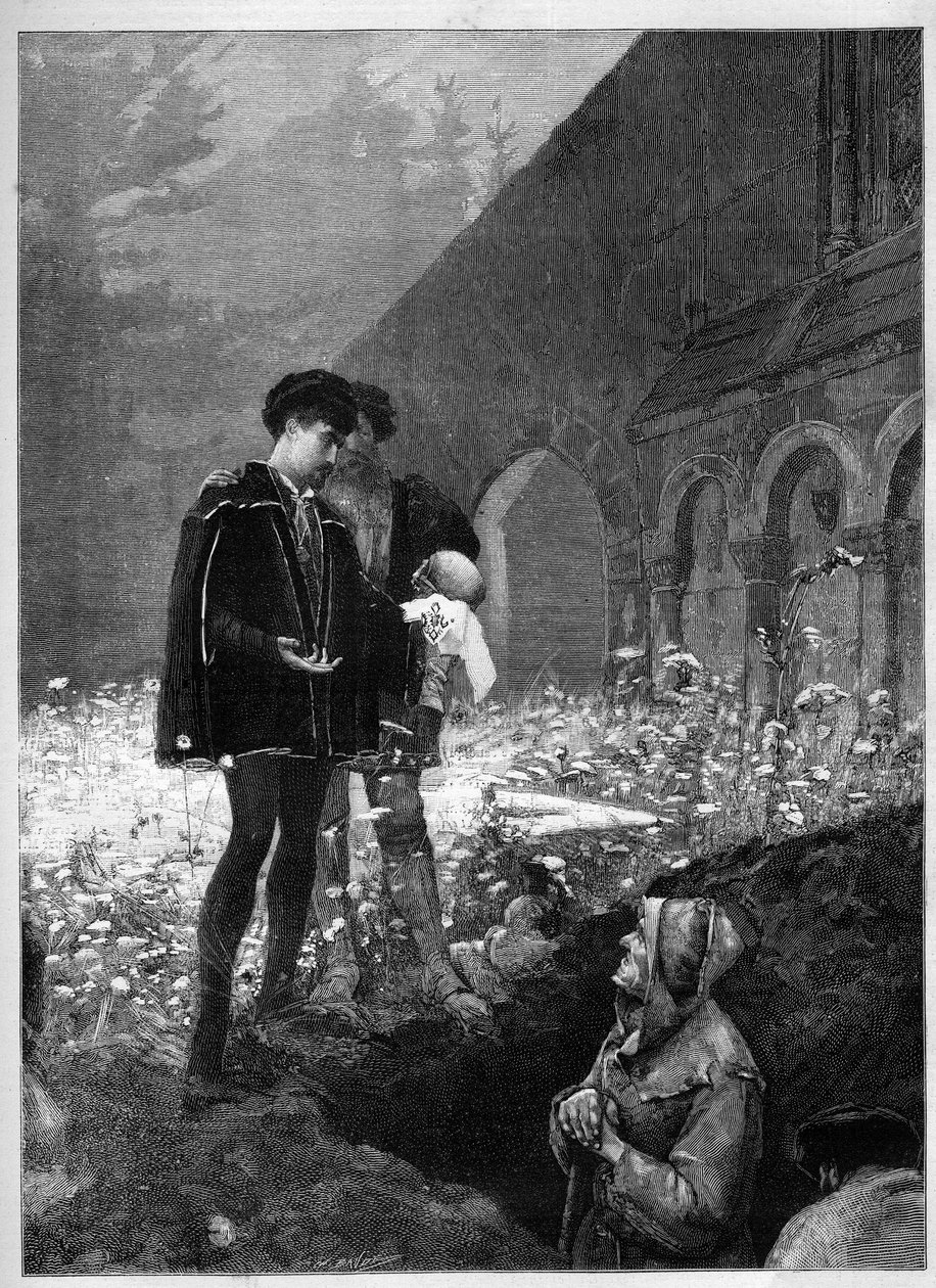 Hamlet på kirkegården etter William Shakespeares eponymspill (1564-1616). Gravering i "" Le Monde Illustré"" av Unknown artist