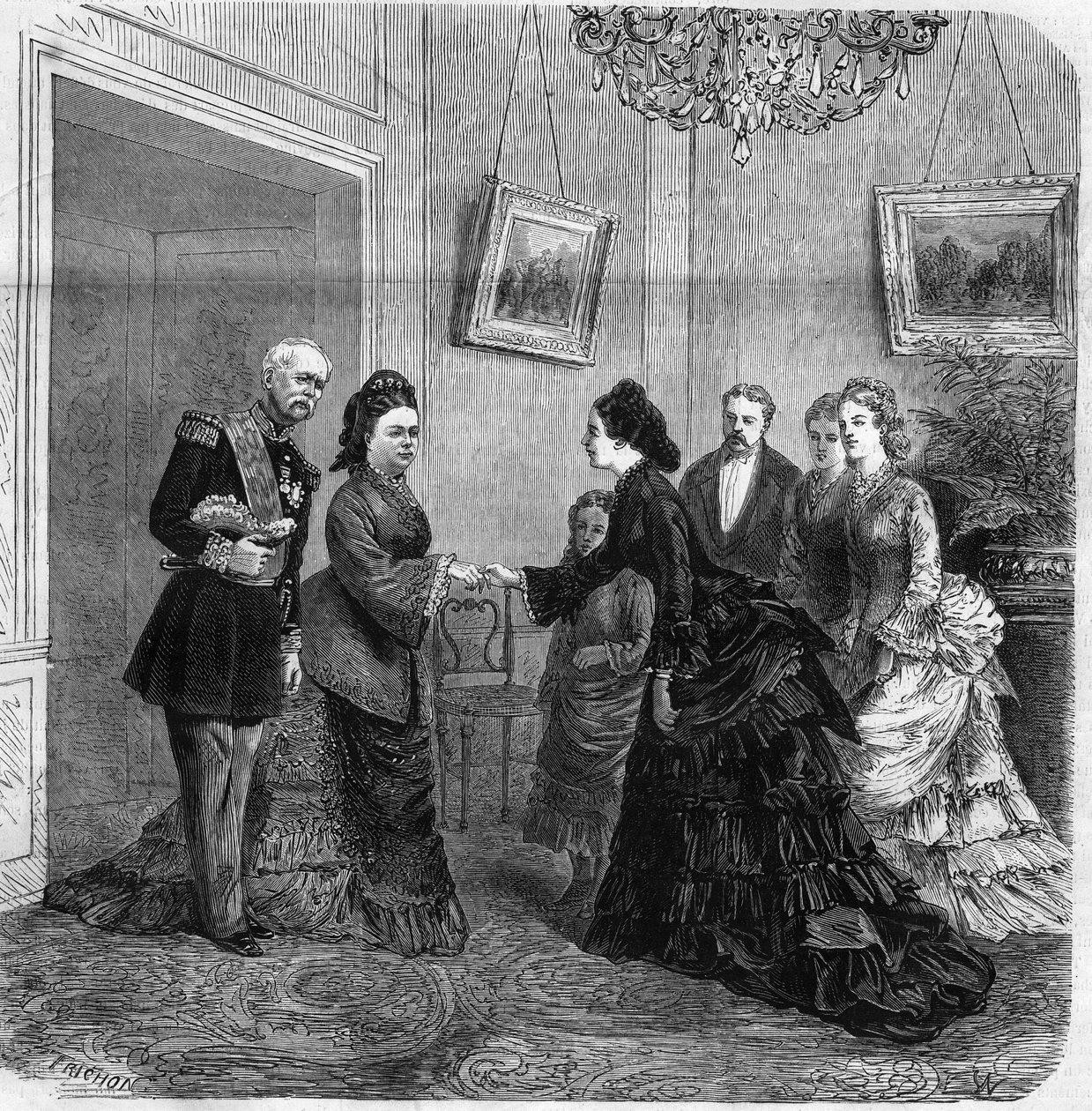 Håndholdt mellom Elisabeth de Mac Mahon (1834-1900) og den østerrikske imponen Elisabeth de Wittelsbach (1837-1898) (Sissi) under besøket av den franske republikkens president Patrice de Mac-Mahon (1808-1893) i Østerrike. 1875. Gravering i «Universet av Unknown artist