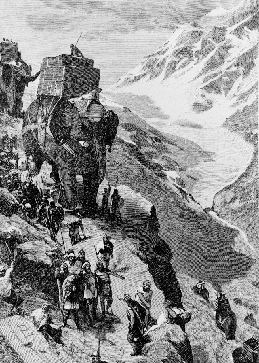 Hannibal krysser Alpene med elefanter for å ankomme Italia (II Punic War). Gravering fra 1800-tallet. av Unknown artist