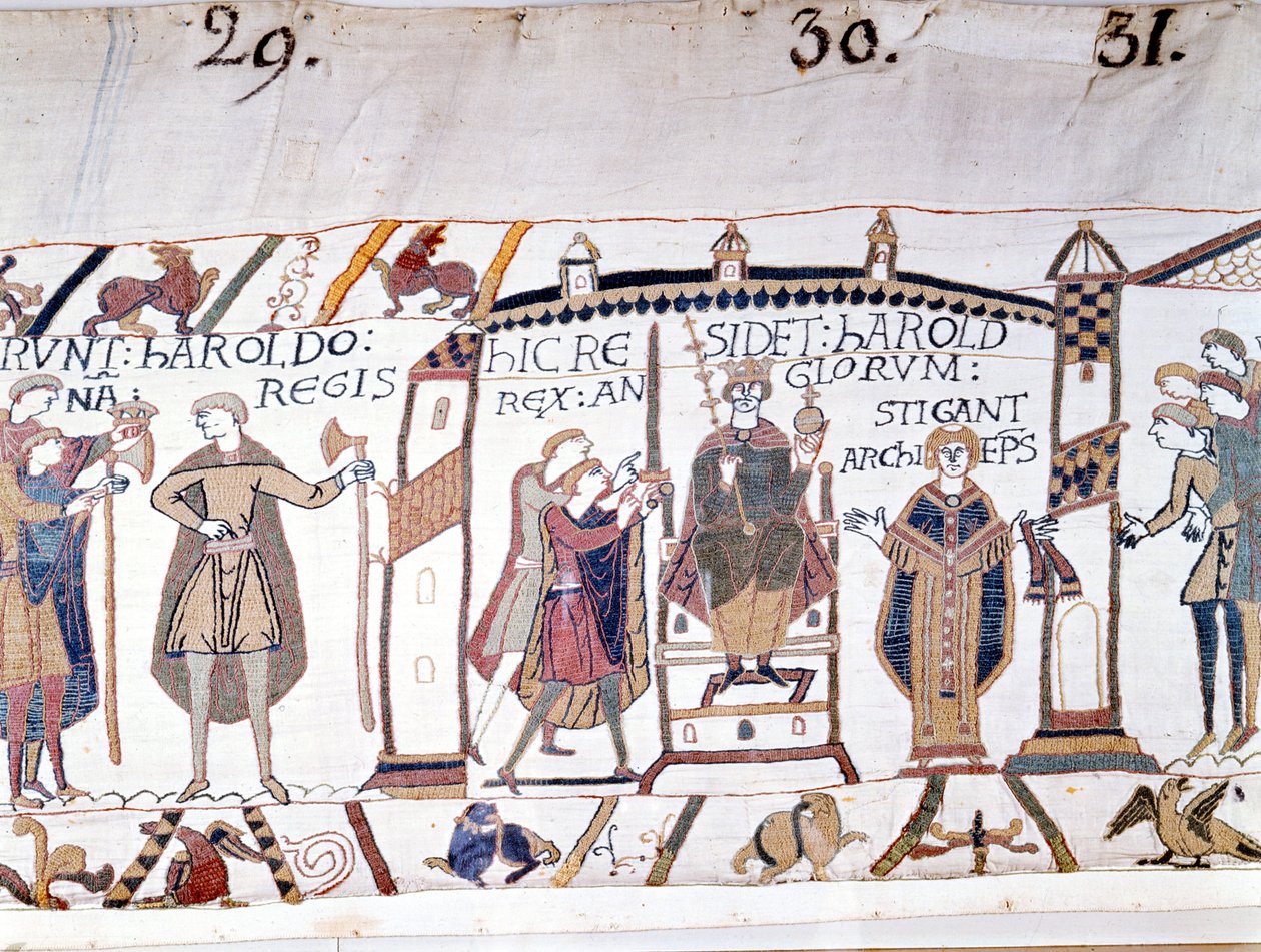 Harold II (1022 - 1066) ble utropt til konge ved døden av Edward Bekjenneren i 1066, men døde snart i slaget ved Hastings. Bayeux-teppe eller broderi av dronning Mathilde av Unknown artist