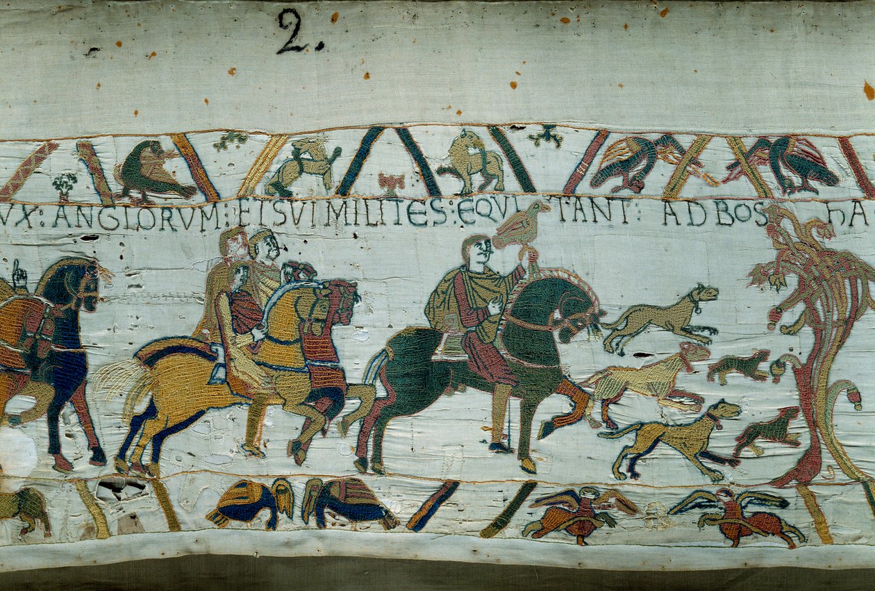 Harold, fremtidig konge av England, ble sendt av kong Edvard Bekjenneren for å informere Vilhelm Erobreren (1027-1087) om at han ville bli hans etterfølger til den engelske kronen. Den går til kysten av Detail Manche of Bayeux Tapestry eller Embroidery of  av Unknown artist