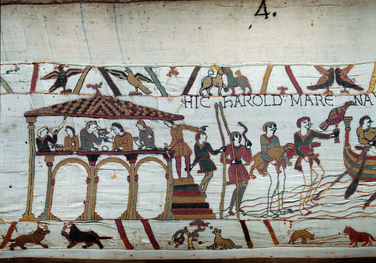 Harold blir sendt av kongen av England Edward the Confessor til Normandie for å informere hertug Vilhelm Erobreren (1027-1087) om at han vil bli hans etterfølger til kronen av England: det siste måltidet på land før han går ombord for Normandie-detaljene a av Unknown artist