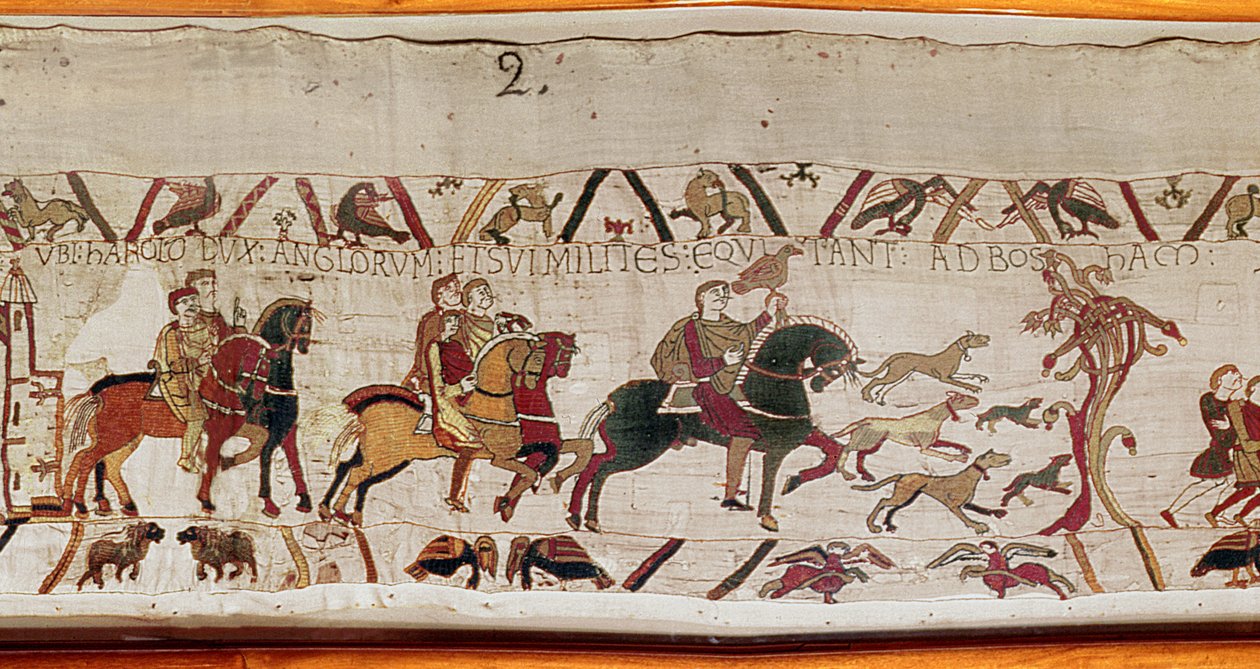 Harold blir sendt med mennene sine til Normandie av Edward the Confessor, Bayeux Tapestry (ullbroderi på lin) av Unknown artist
