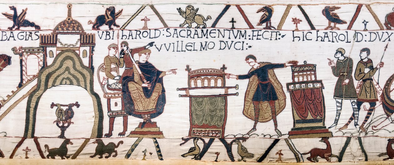 Harold sverger en hellig ed til William i Bayeux, Bayeux Tapestry (ullbroderi på lin) av Unknown artist