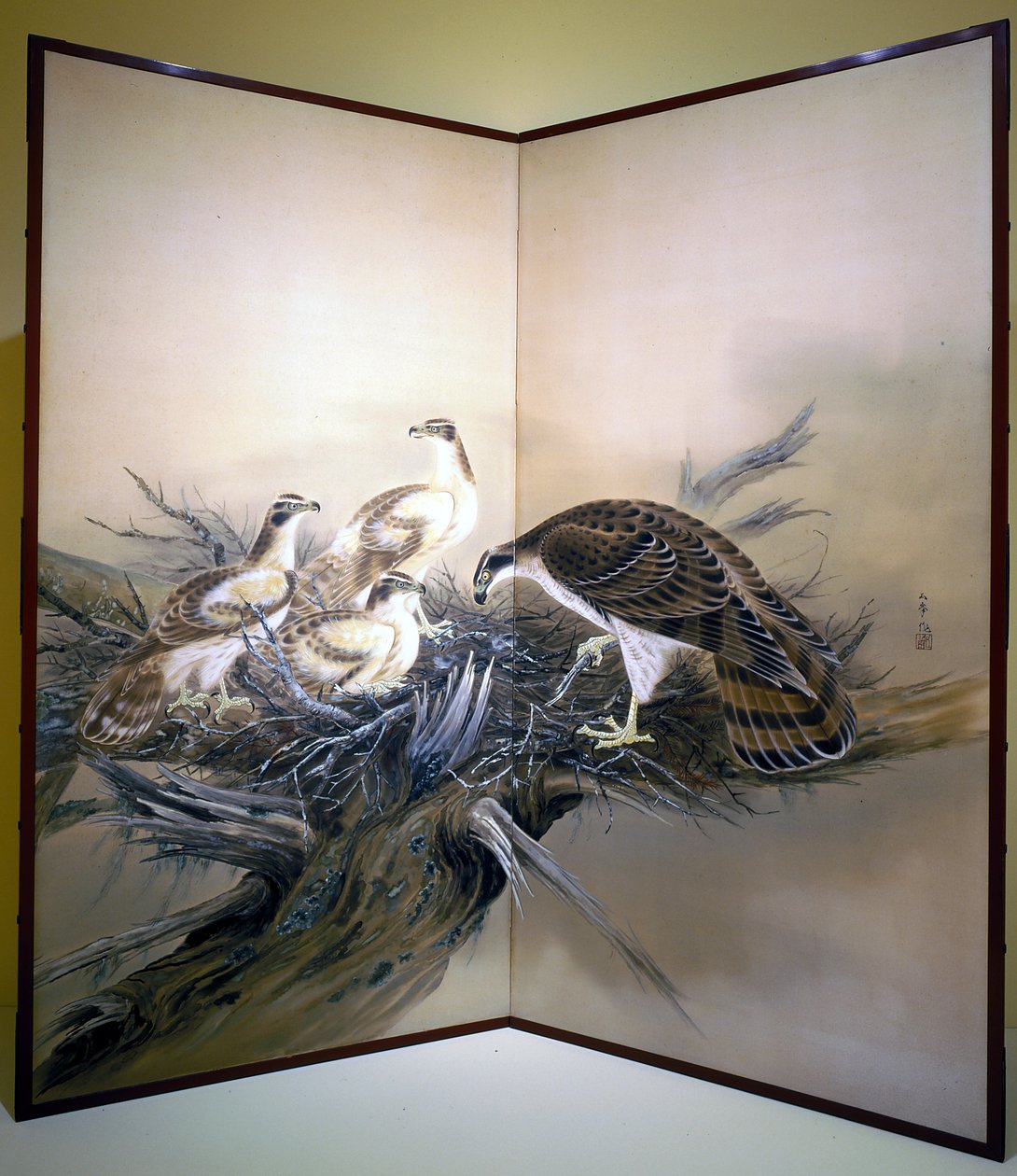 Hawks, Nest And Broken Tree (blekk og farger på silke) av Unknown artist