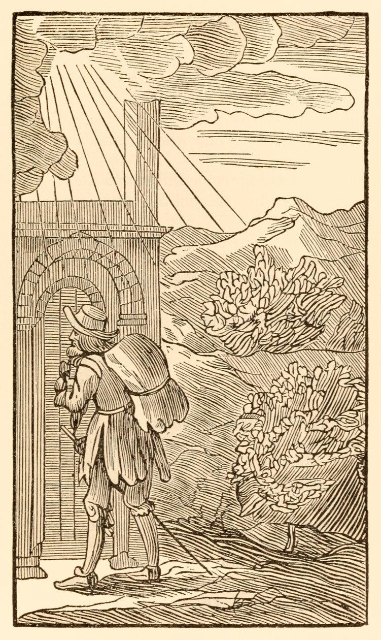 Den som vil gå inn må først uten å stå og banke på porten... fra The Pilgrims Progress From This World, To That Who Is To Come av John Bunyan (1628-1688) Pilegrimen når inngangen til av Unknown