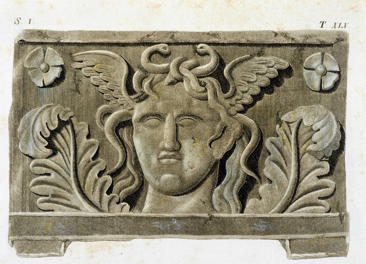 Leder av Medusa, en av de tre Gorgonene, steinrelieff - i "Monumenti Etruschi"". av Unknown artist