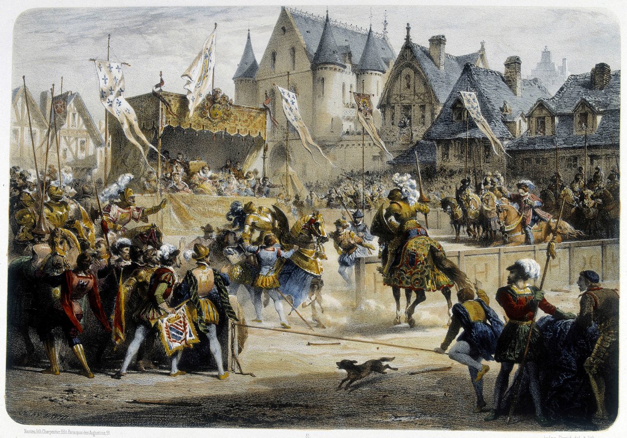 Henri II (1519 - 1559) såret dødelig av Montgomery under turneringen 29. juni 1559, rue St Antoine, foran Palais des Tournelles - litografi av Unknown artist