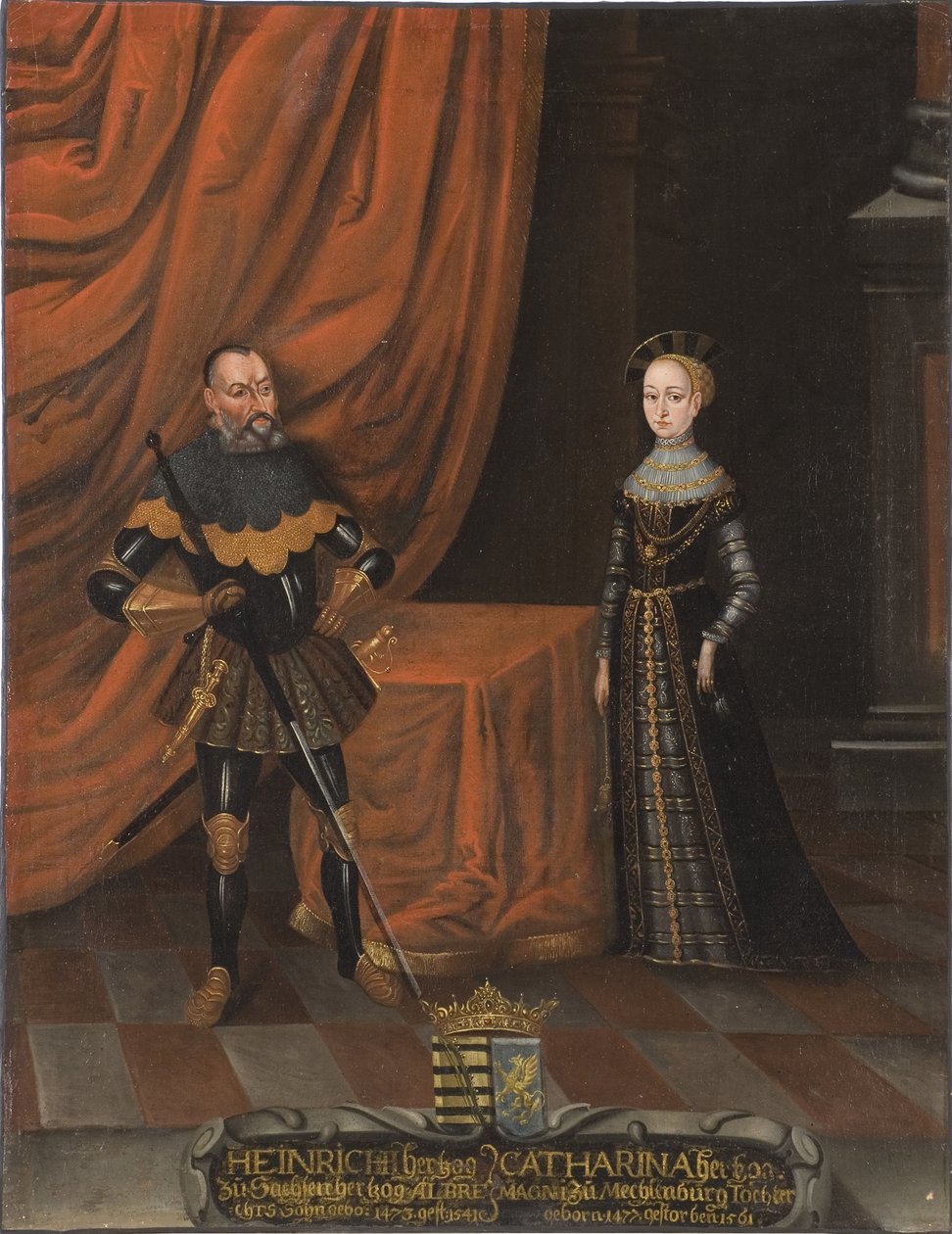 Henri IV de Saxe, dit le Pieux et Catherine de Mecklembourg - hertug Henrik den fromme (1473-1541) og hertuginne Katarina av Mecklenburg (1487-1561), anonym. Olje på lerret. Dimensjon: 101,5x79 cm. Nationalmuseum Stockholm av Unknown artist