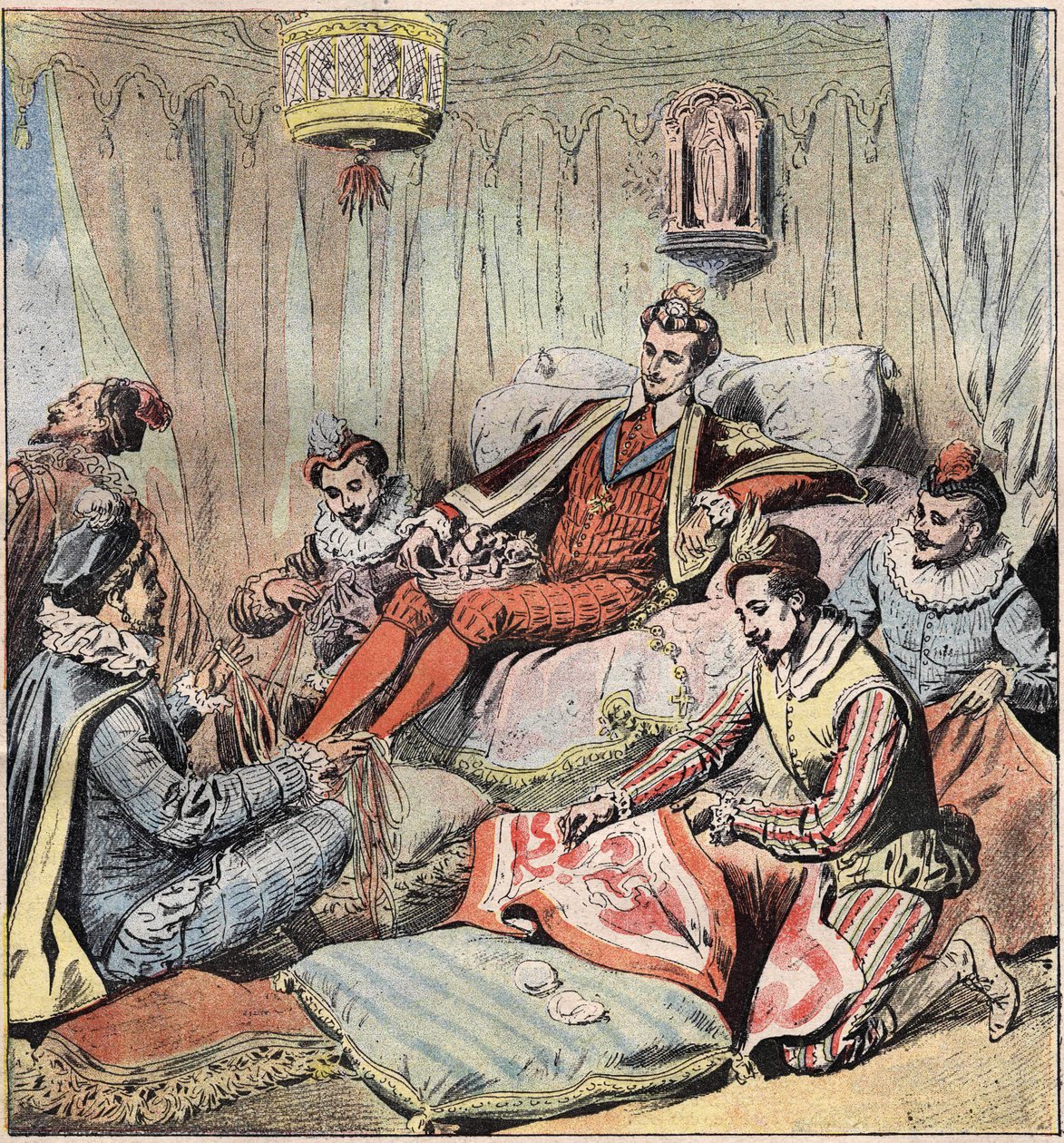 Henry III (1551 - 1589) and his cuties. The king (Henry III; 1551 - 1589) sits in the back; has his feet Quelus and Maugiron braid ribbons; Schomberg makes a tapestry... of O and Epernon looks out of the openings, finally Chicot sits on one of the doormen. av Unknown artist