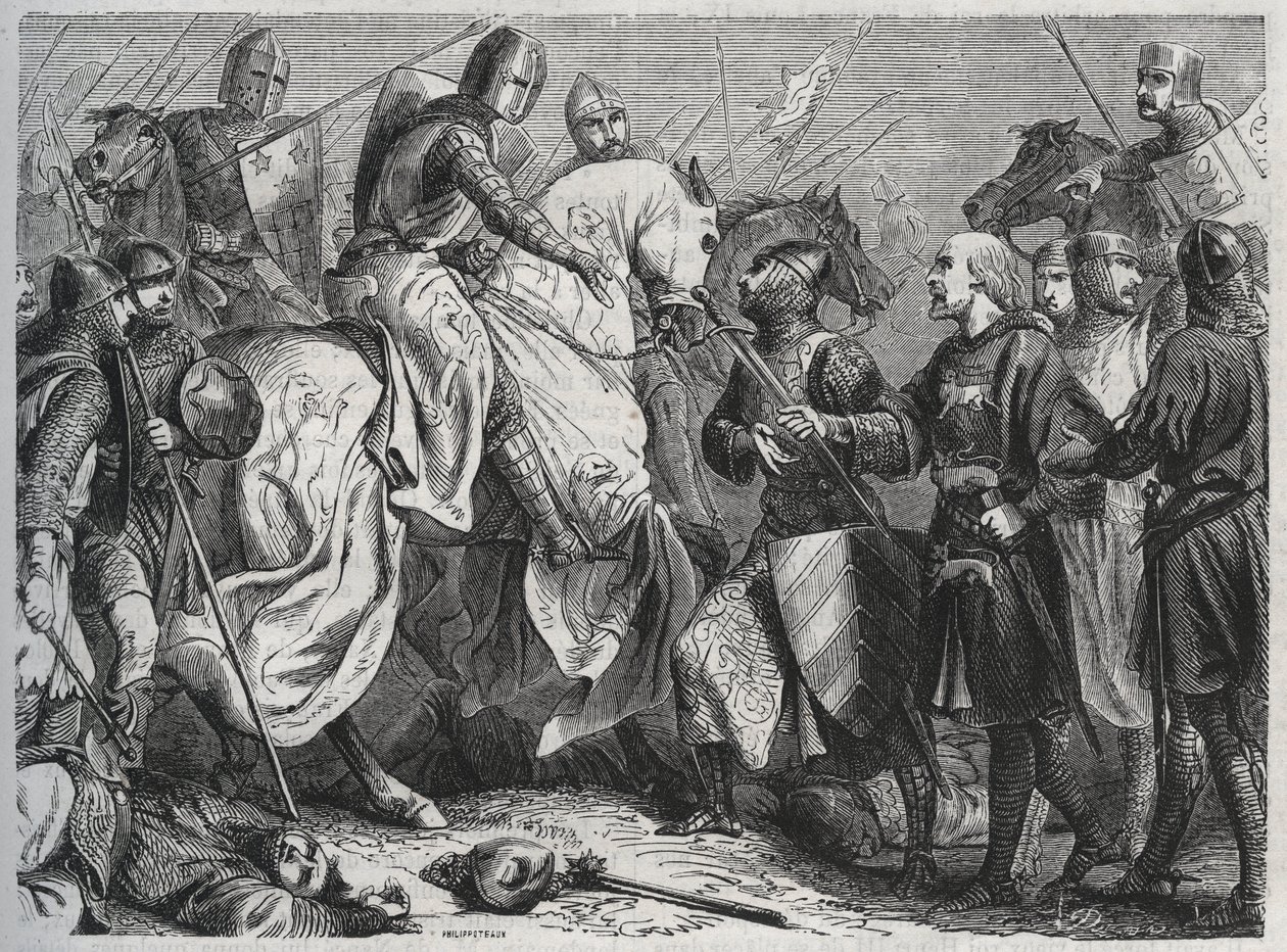 Henry III (Henry III Plantagenet av England) (1207-1272) blir tatt til fange av Simon V av Montfort (ca. 1208-1265) ved Lewes i Sussex 1264 - gravering 1864 av Unknown artist