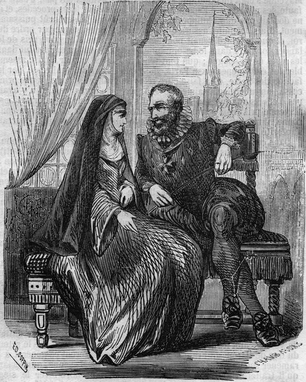 Henry IV, konge av Frankrike (1553-1610) med abbedissen av Montmartre Marie de Beauvilliers - Gravering fra 1800-tallet av Unknown artist