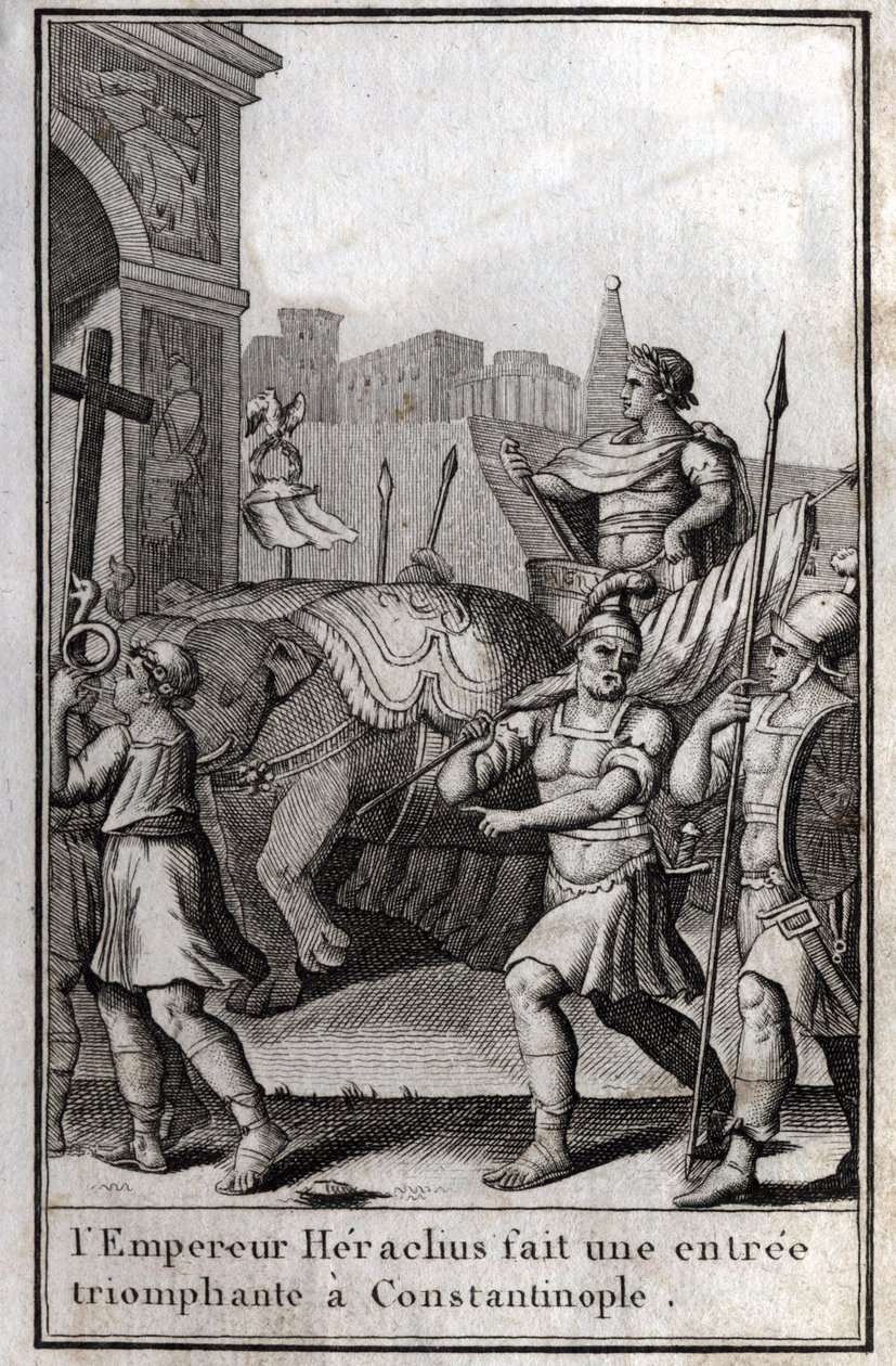 Heraclius I (Flavius Heraclius, Herakleios (ca. 575-610/641), bysantinsk keiser, gjorde en triumferende inngang til Konstantinopel. Han klatret på en vogn som ble nådd av fire elefanter og brakte foran seg det sanne kors (det hellige kors) som var tatt fra av Unknown artist