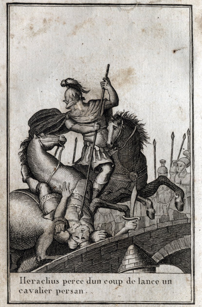 Heraclius I (Flavius Heraclius, Herakleios (ca. 575-610/641), bysantinsk keiser, spyd en persisk rytter (krig mot perserne), 7. århundre. Gravering i "Beaute de l'histoire du basse empire" redige av PJBN 1814. av Unknown artist