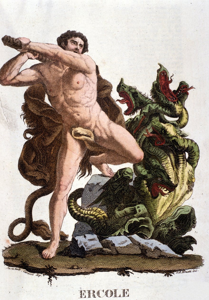 Herkules slår ned Hydraen til Lerna - gravering av Unknown artist