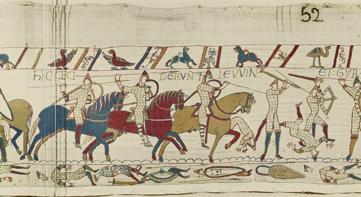 Here fell the brothers of Harold: Gyrth and Leofwine, Bayeux Tapestry (wool embroidery on linen) av Unknown artist