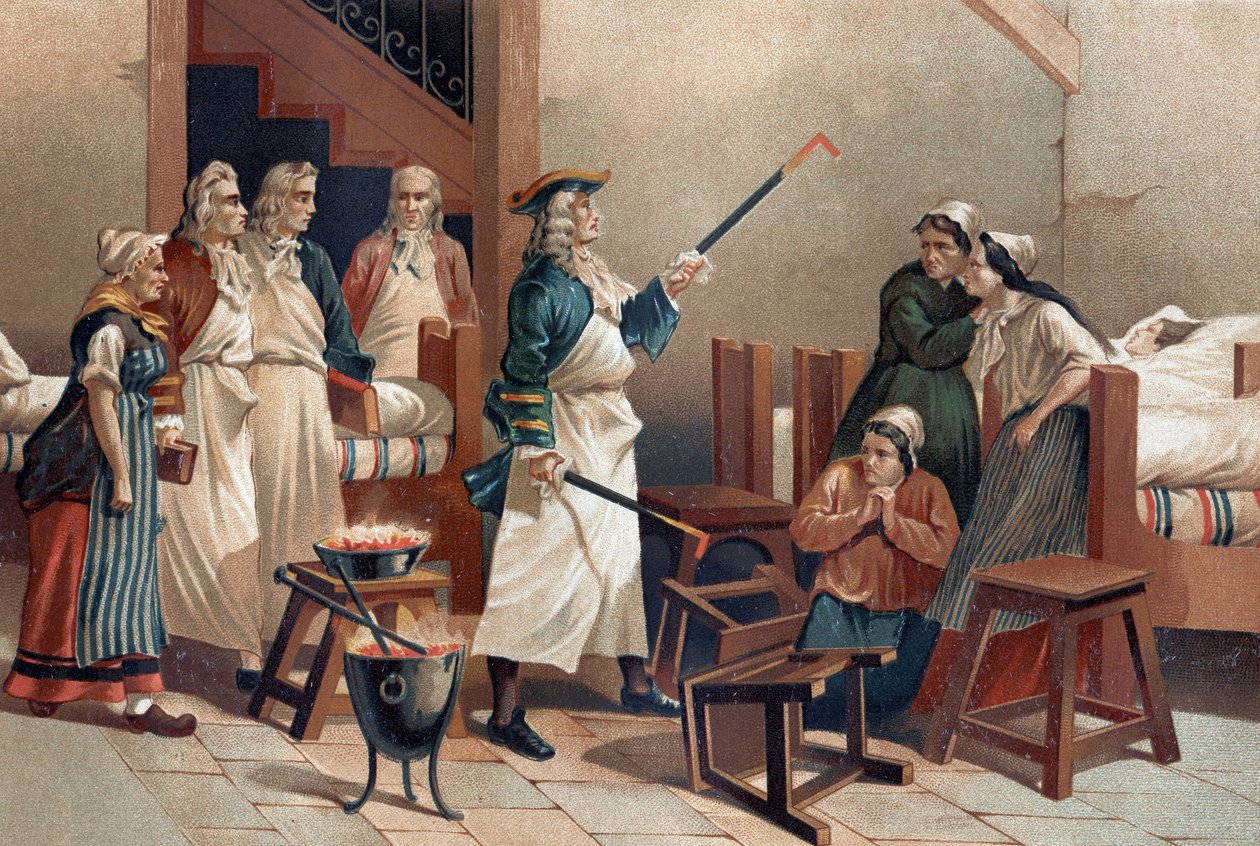 Hermann Leyde Boerhaave (1688-1738), nederlandsk lege med studentene sine foran de hysteriske kvinnene på Leyde Hospital. Etter «La Ciencia y sus Hombres par Louis Figuier». Barcelona 1881 av Unknown artist