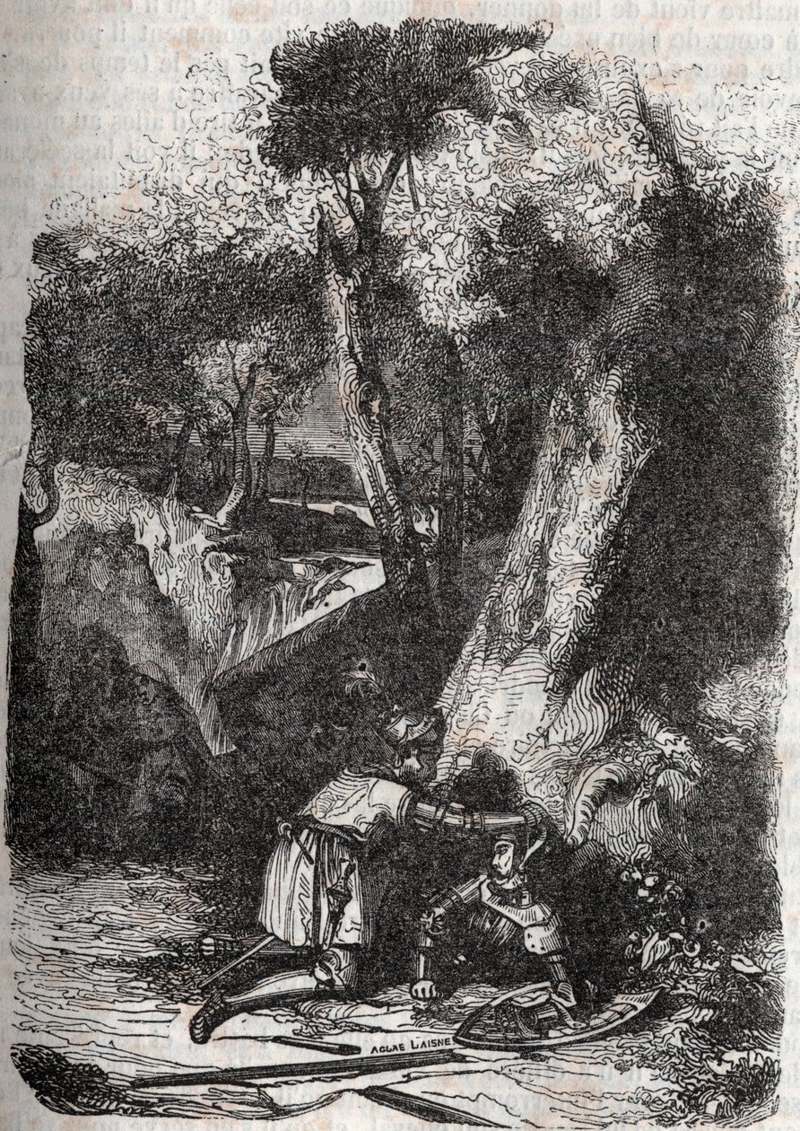 Hermonides veltet og reddet av Zerbin - 1851 gravering fra "" Furious Roland"" (Orlando furioso) (1500-tallet) av Ludovico Ariosto, kjent som Ariosta - Edition oversatt fra italiensk av greven av Tressan og utgitt av Gustave Harvard 1851 av Unknown artist