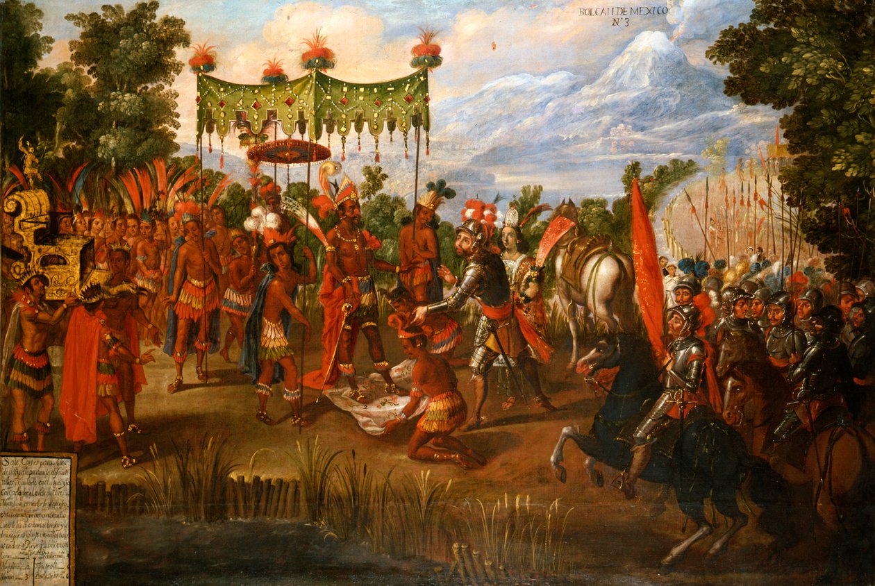 Hernan Cortes møter keiser Moctezuma av Unknown artist