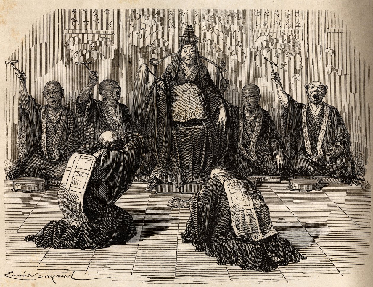 Høybuddhistprest blir tilbedt, omgitt av disiplene hans som rytmerer ritualet med gong og cymbaler. Gravering for å illustrere reisen til Japan i 1863-1864, av Aime Humbert, minister for det sveitsiske konføderasjonen, i «Le tour du monde, nouveau journal av Unknown artist