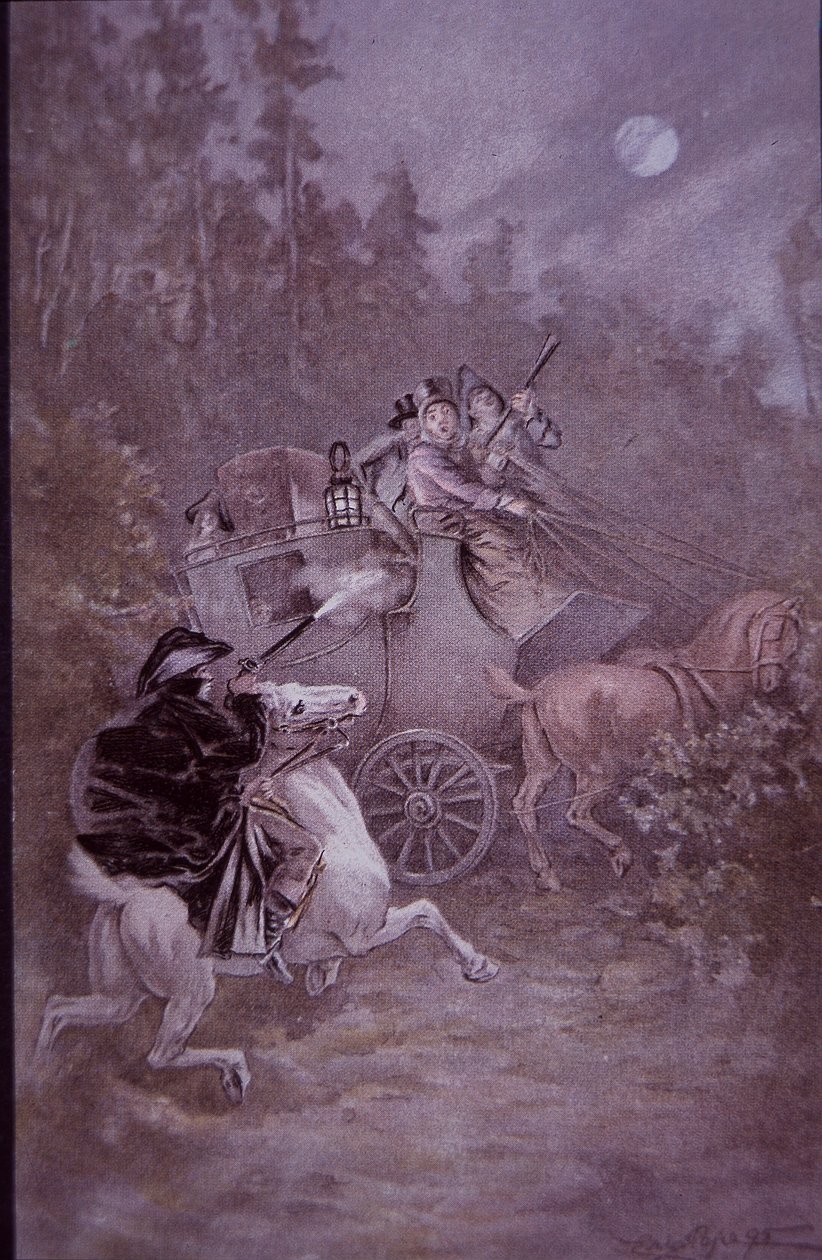 Highwayman holder opp diligensen på begynnelsen av 1800-tallet (farge litho) av Unknown artist