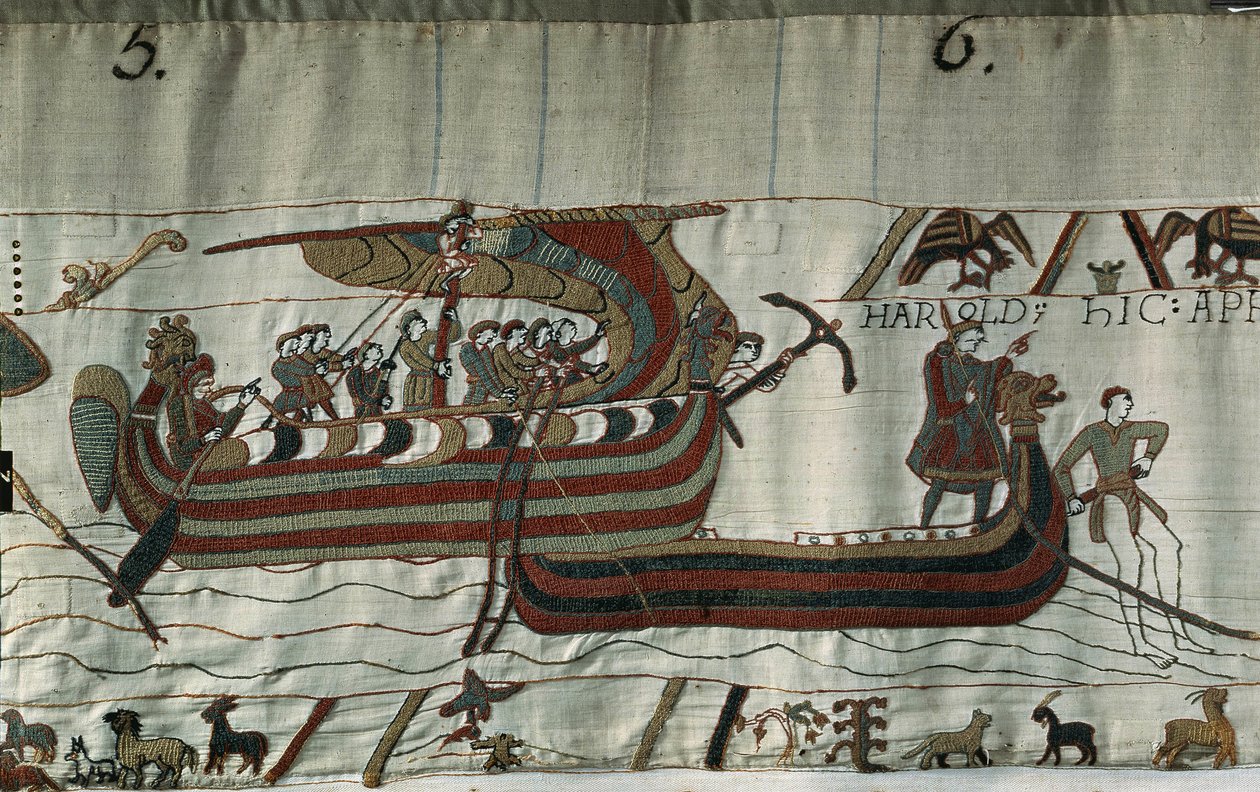 Kapret av stormen strandet skipet til Harold II (1022 - 1066) (en drakkar) på kysten av Ponthieu - Bayeux-teppet, kjent som Embroidery of Queen Mathilde av Unknown artist