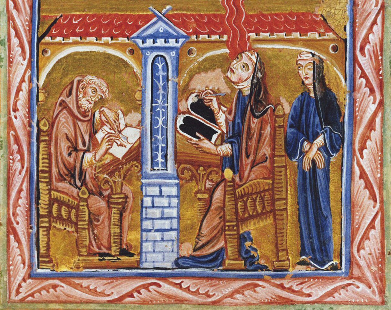 Hildegard av Bingen mottar en visjon i nærvær av sin sekretær Volmar og hennes fortrolige Richardis av Unknown artist