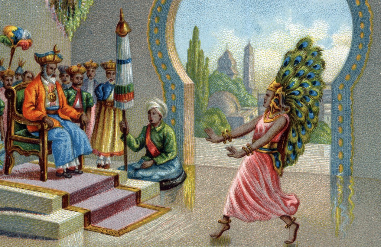 Hindu-danser utsmykket med påfuglfjær: innbyggerne pryder seg med påfuglfjær eller lager eventails. Kromolitografi fra 1800-tallet av Unknown artist