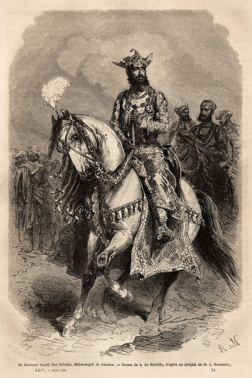 Hans høyhet Syadji Rao Scindia (1846-1886), Maharajah av Gwalior (dagens Madhya Pradesh). Gravering for å illustrere India of the Rajahs, av Louis Rousselet, i 1864-1868, publisert i "" Le tour du monde""" 1872, redigert av Edouard Charton, Hachette edi av Unknown artist