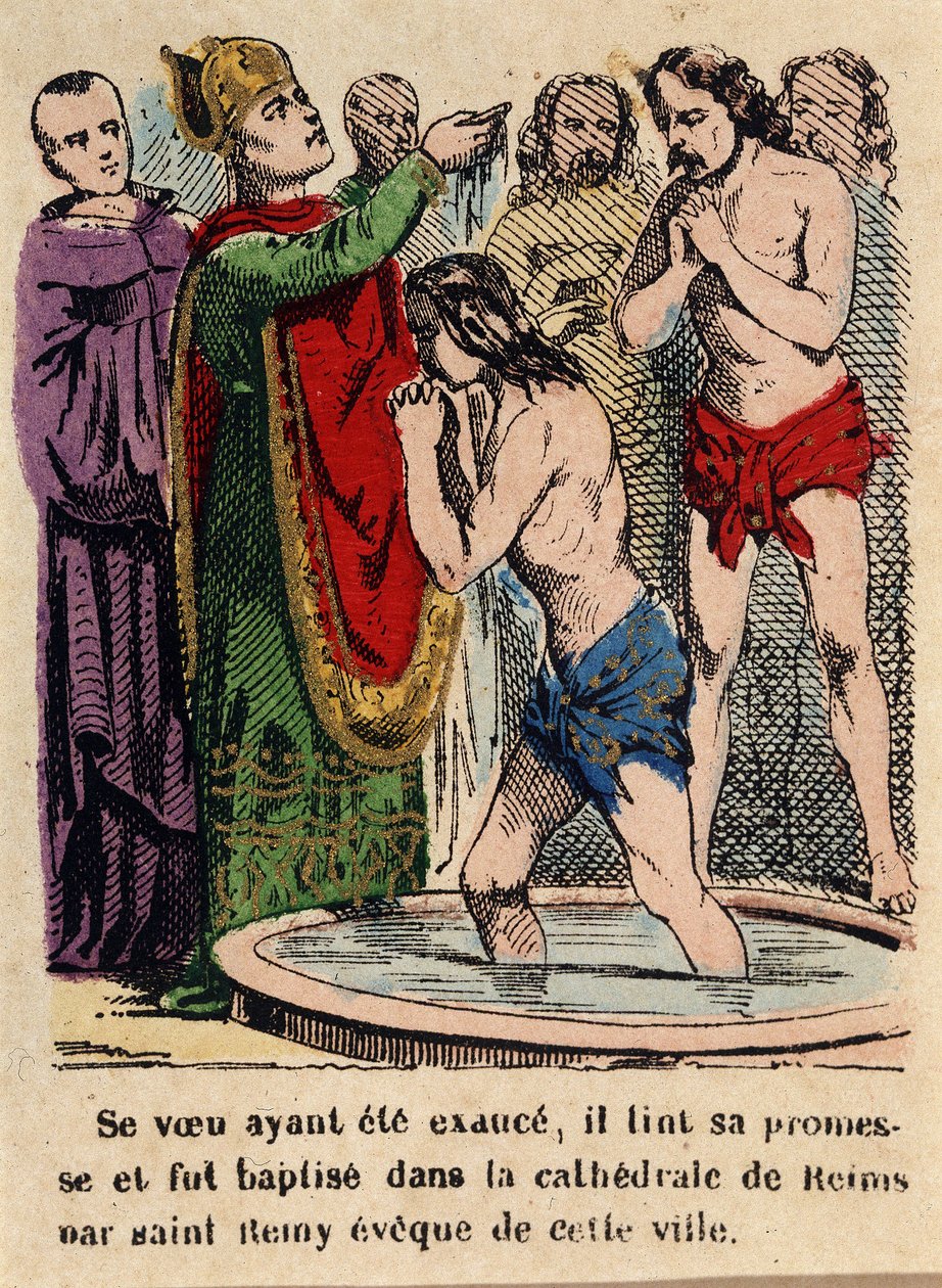 Hans løfte var blitt oppfylt, Clovis ble døpt i katedralen i Reims av Saint Rémi, biskop av byen av Unknown artist