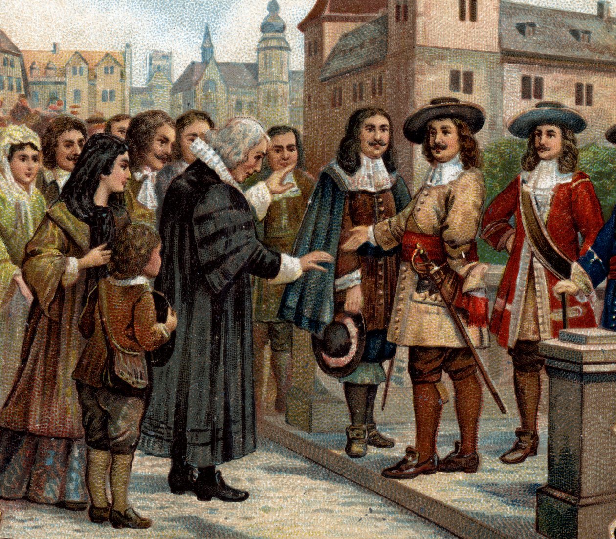 Historiske episoder av kjente byer: Den store kurfyrsten, Frederic William I av Brandenburg (1620-1688), mottok franske emigranter i Berlin (1685). Han ønsket franske protestanter velkommen som etter tilbakekallingen av Nantes Edit hadde forlatt Frankrike. av Unknown artist