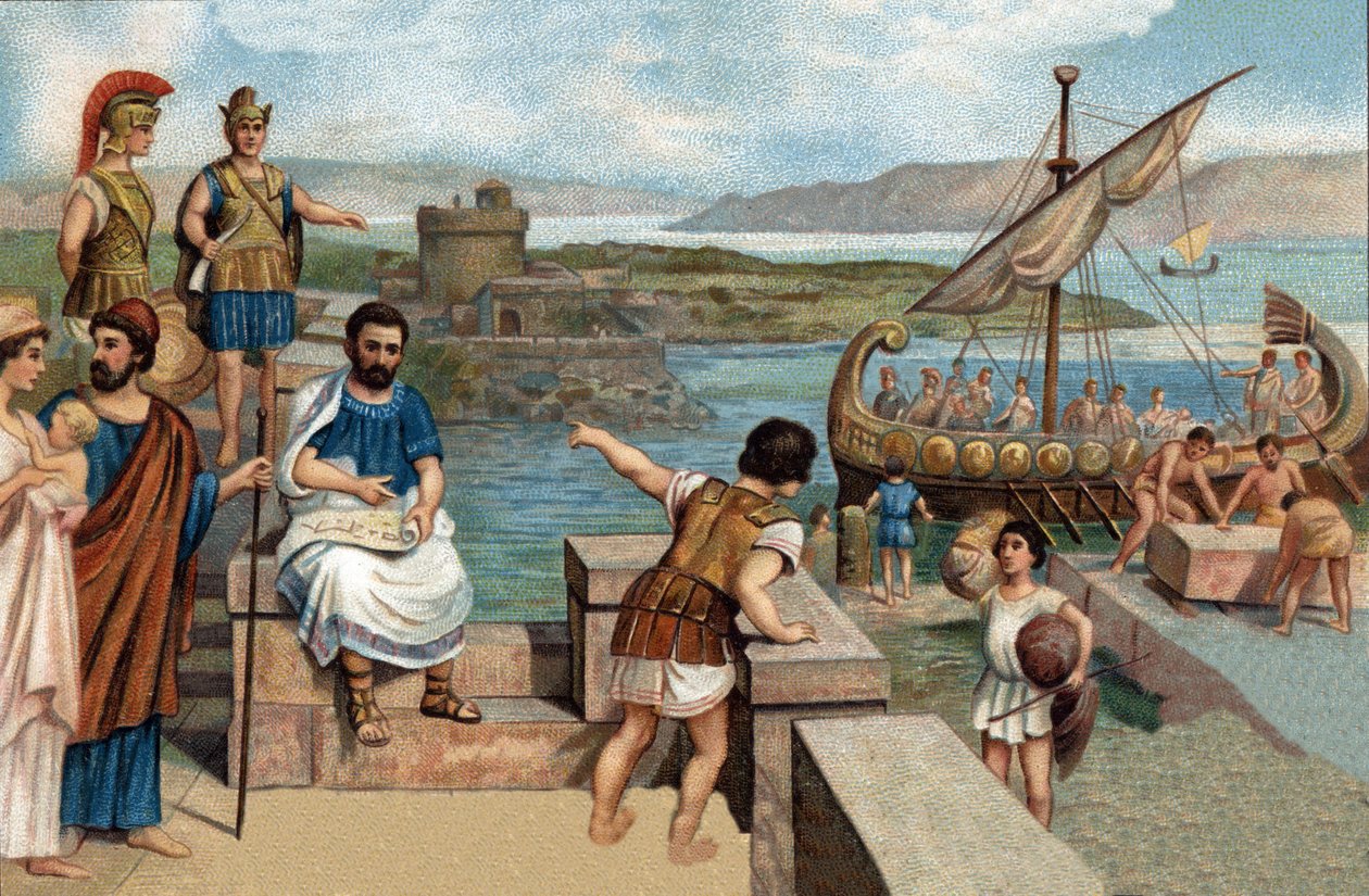 Historiske episoder av kjente byer: Megareerne (folket i Megar, den greske byen Attika) grunnla Byzantium (667 f.Kr.) på den vestlige bredden av det kimmerske Bosporos, der den thrakiske festningen Byzas sto. Kromolitografi fra 1800-tallet. av Unknown artist