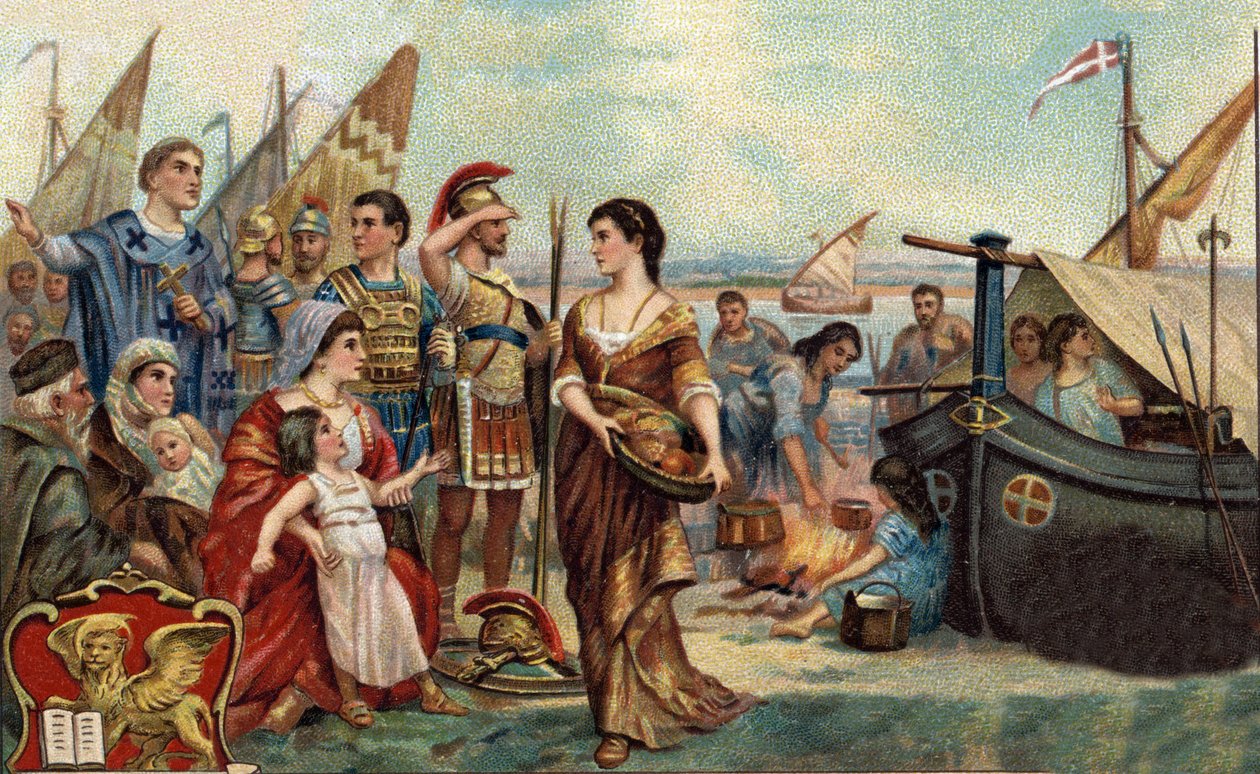 Historiske episoder av kjente byer: Veneter jaget av hunerne okkuperer lagunene (i 452). Det er grunnlaget for Venezia - Barbarian Invations - Chromolithography på 1800-tallet. av Unknown artist