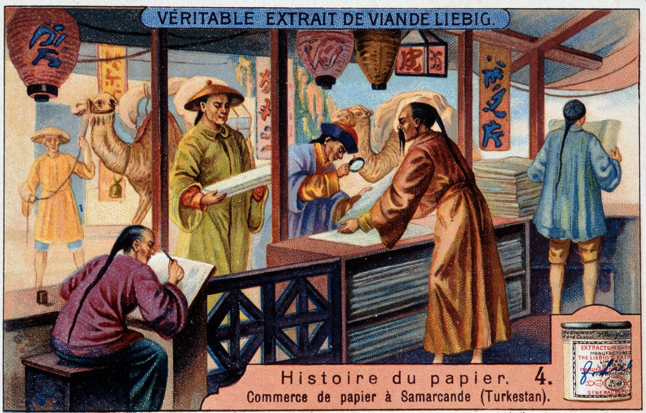 Papirets historie. 4. Papirhandel i Samarkand (= Samarkand) (Turkestan). Liebig kromolitografi av Unknown artist