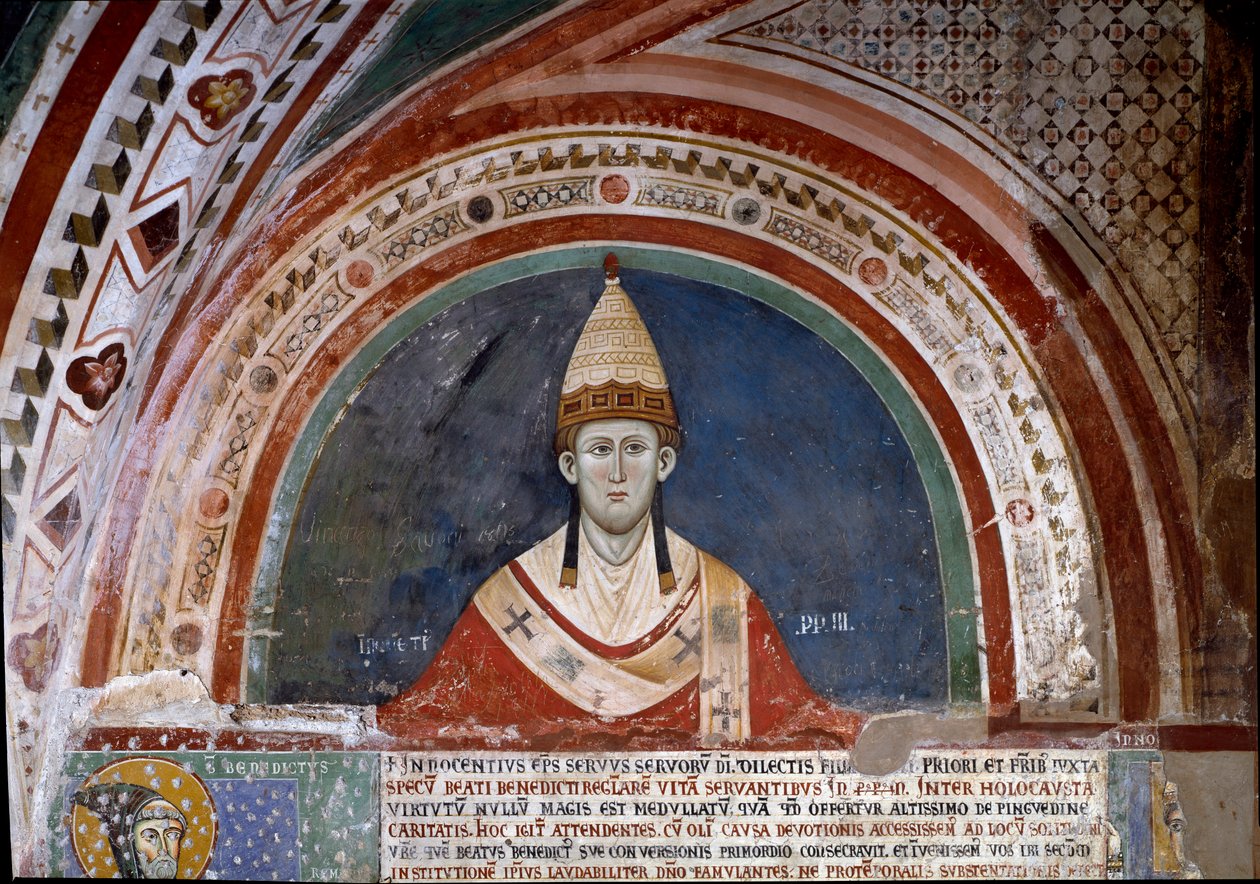 Historien om den hellige Frans av Assisi: representasjon av pave Innocenzo III, som viser boblen som bekrefter fransiskanerstyret i 1210 (fresco) av Unknown artist