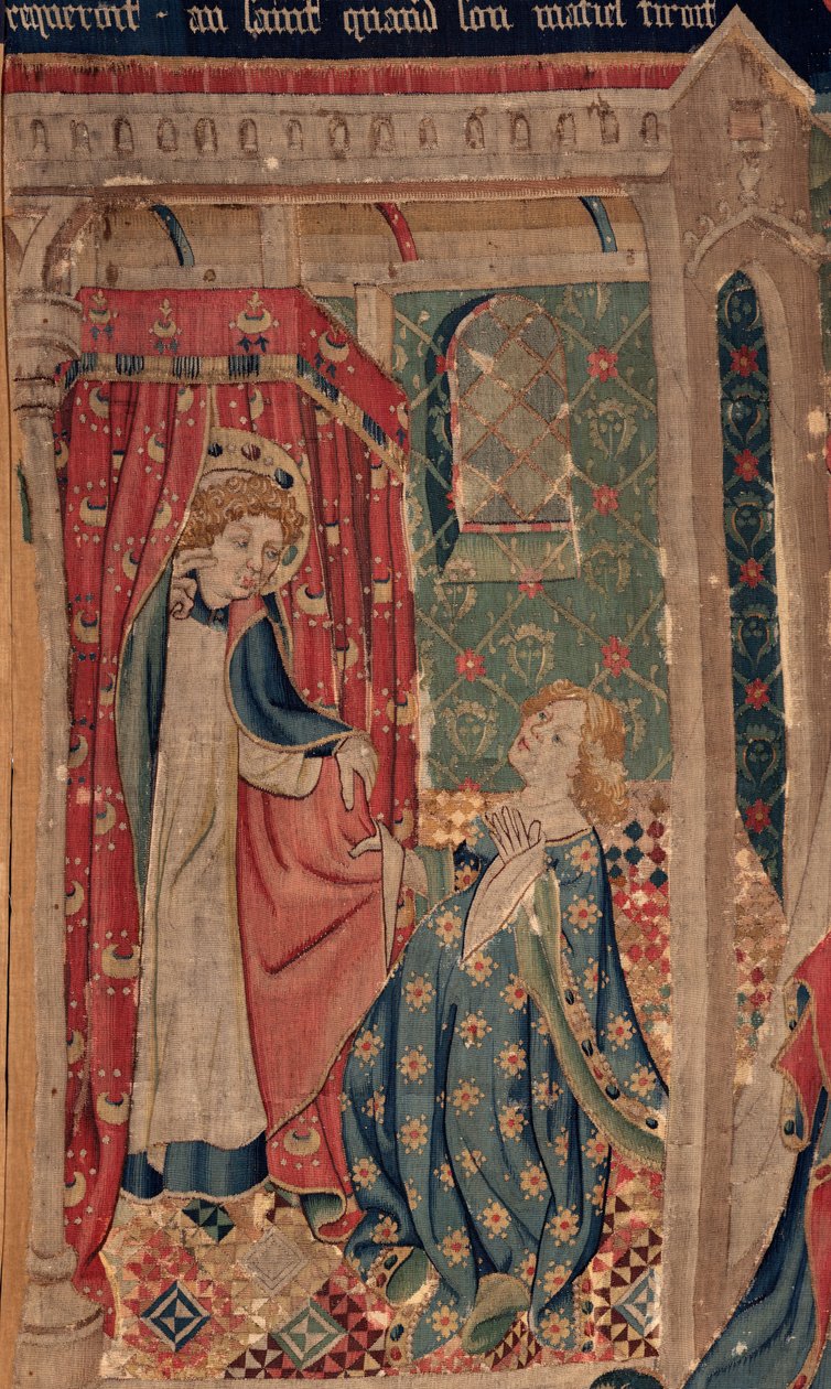 History of Saint Piat og Saint Eleuthère, Scene 11: Fristelsene til Saint Eleuthère (Tribunedatteren kommer til å dø slik at hun ikke kan oppnå den gale kjærligheten som helgenen krever når kappen hans trekker seg). Detalj. av Unknown artist