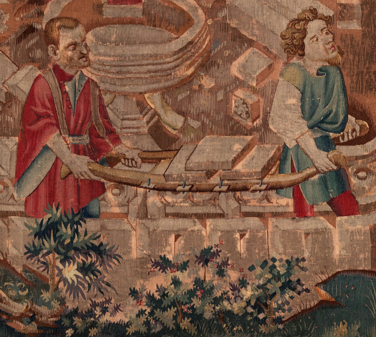 Historien om Saint Piat og Saint Eleuthère, scene 5 detalj. Nedre del. Murere som frakter steiner. av Unknown artist