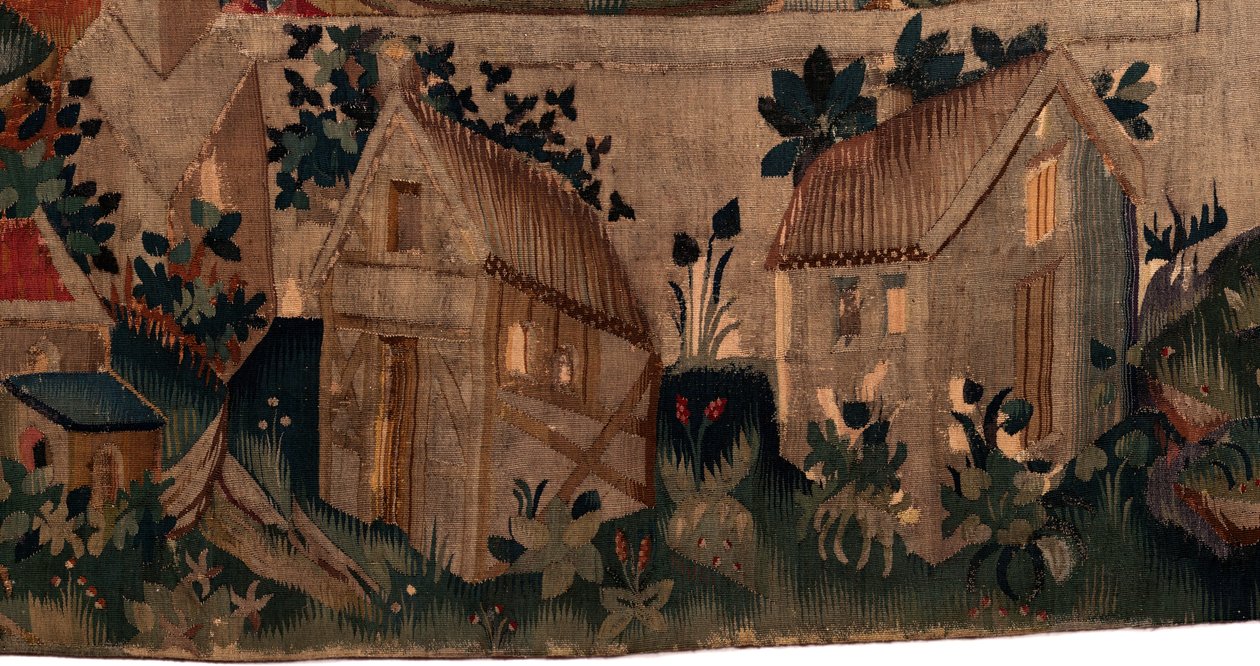 Historien om Saint Piat og Saint Eleuthère, Scene 7 dåp av de eksilkristne, Detalj nederst. To hus. av Unknown artist