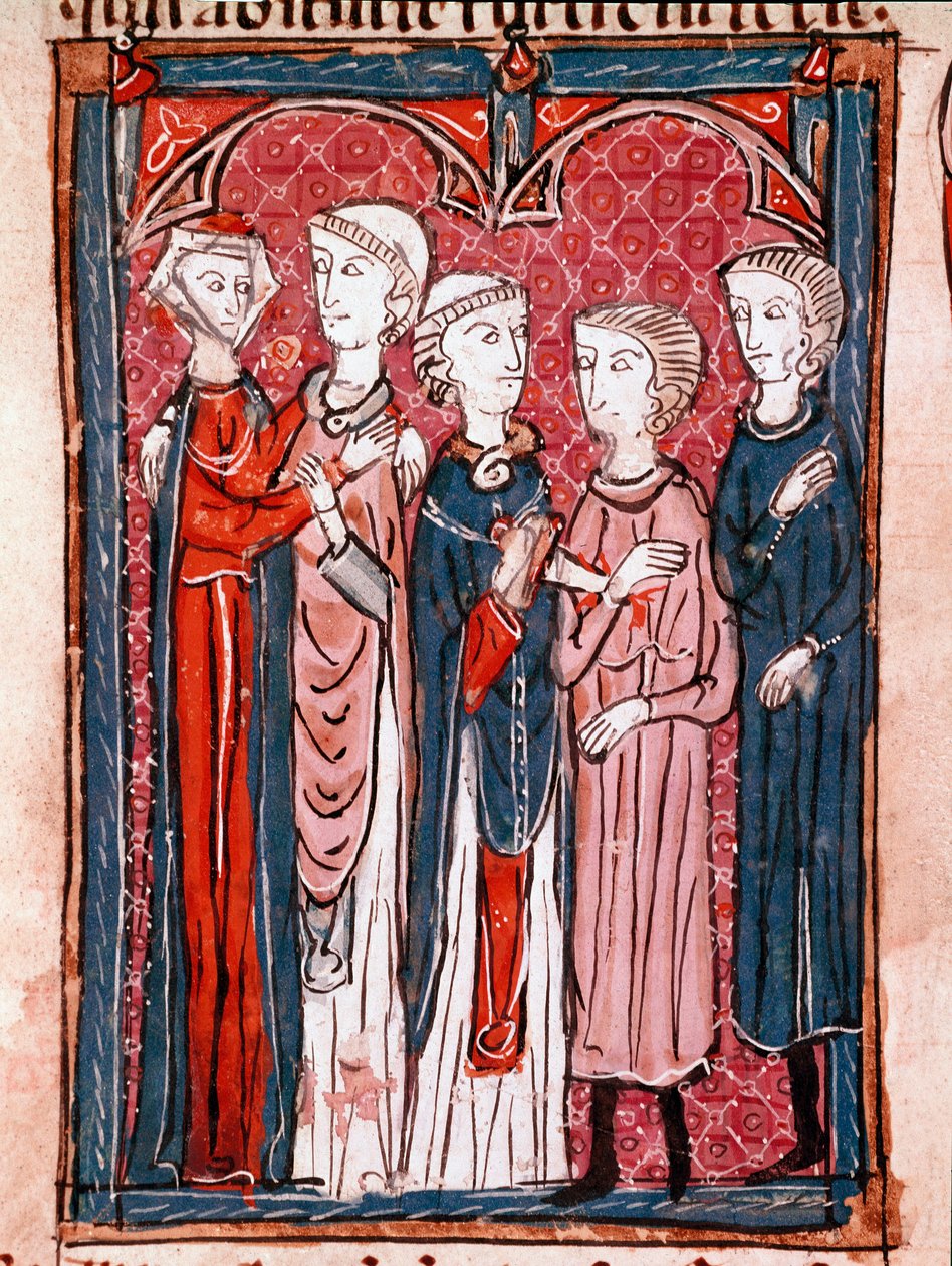 Historie om kanonisk lov: "" forlovelsesscene""" Miniatyr hentet fra "" Decret de Gratien"" ("Concordia discordantium canonum" eller "Decretum Gratiani") fra 1140 og regulerer lovene og kanonene til den romersk-katolske kirke. Laon fra 1200-tallet, Mun av Unknown artist